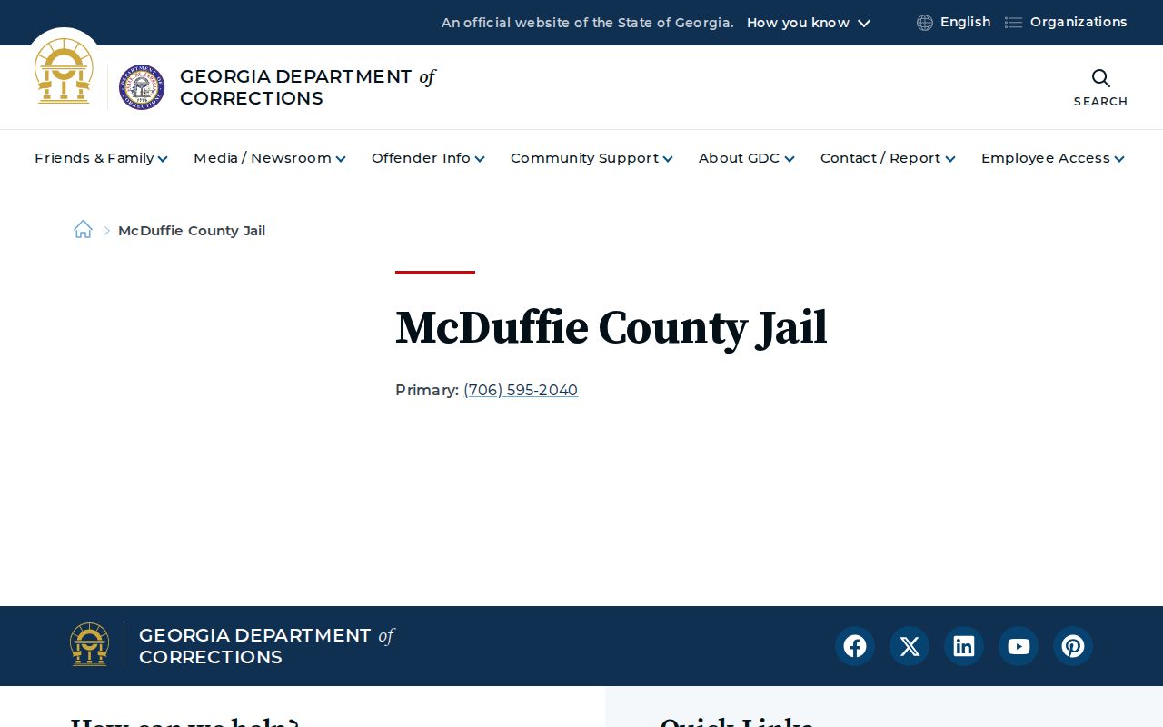 Official McDuffie County arrest record and jail contact listing