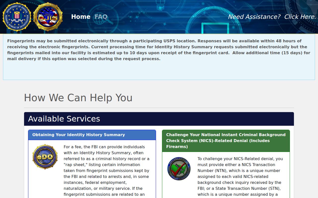 Dearing personal FBI criminal history self-review portal